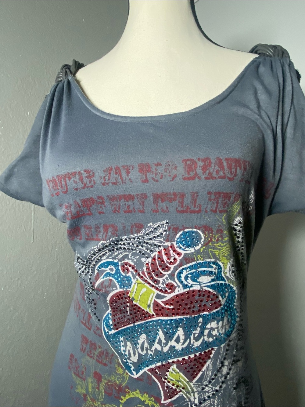 Y2K Grey Passion Rhinestone Graphic Top Size Medium - Picture 2 of 9